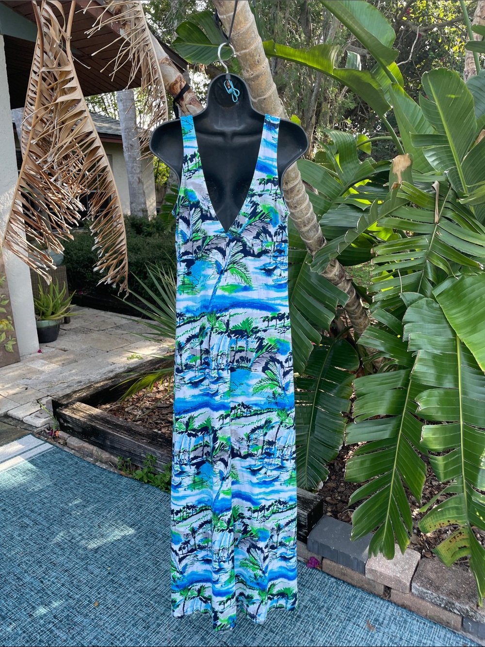 Tommy Bahama coastal maxi dress featuring a tropical boating  landscape - Picture 5 of 9